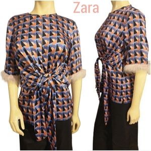 Zara Basic Top with feather mid sleeves Size Small Multicolor NWT